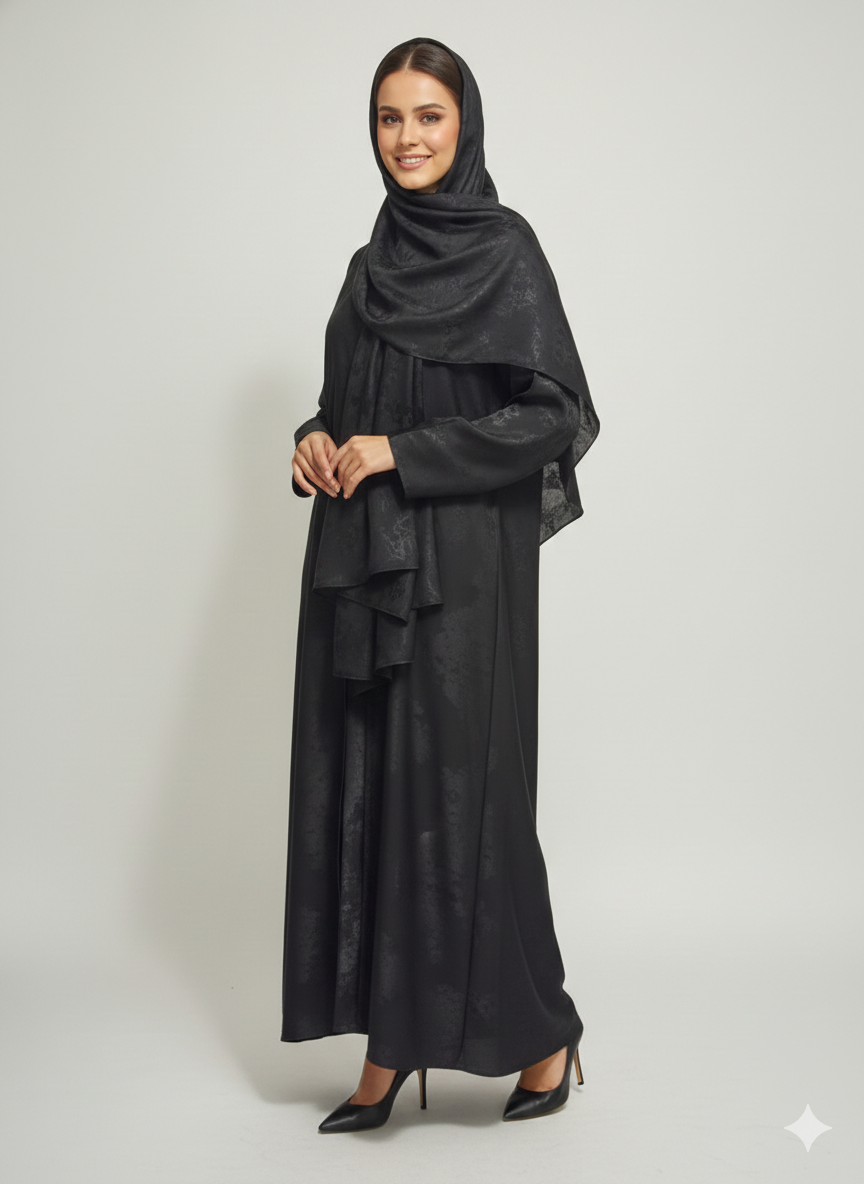 Onyx Black-Leaf Satin Abaya | GLAMOURA X Luxury Metallic Printed Open Wrap with Bell Sleeves