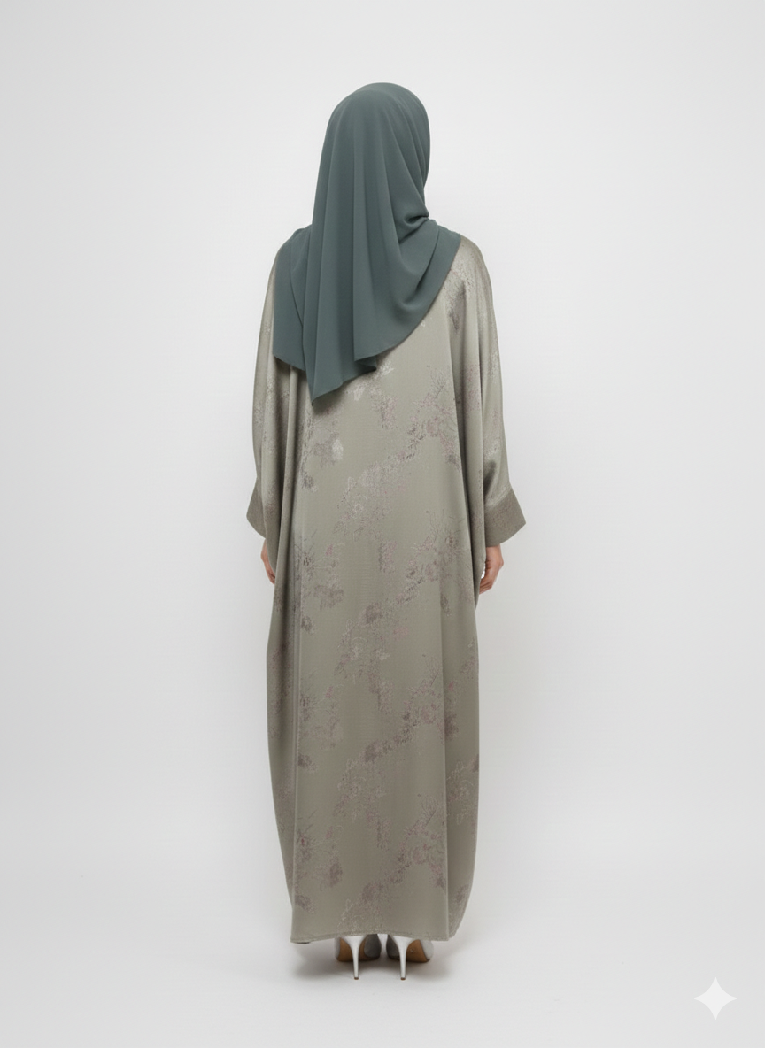 Pista Green Forest Satin Abaya |GLAMOURA X Luxury Silk-Finish Modest Foil Print Wrap