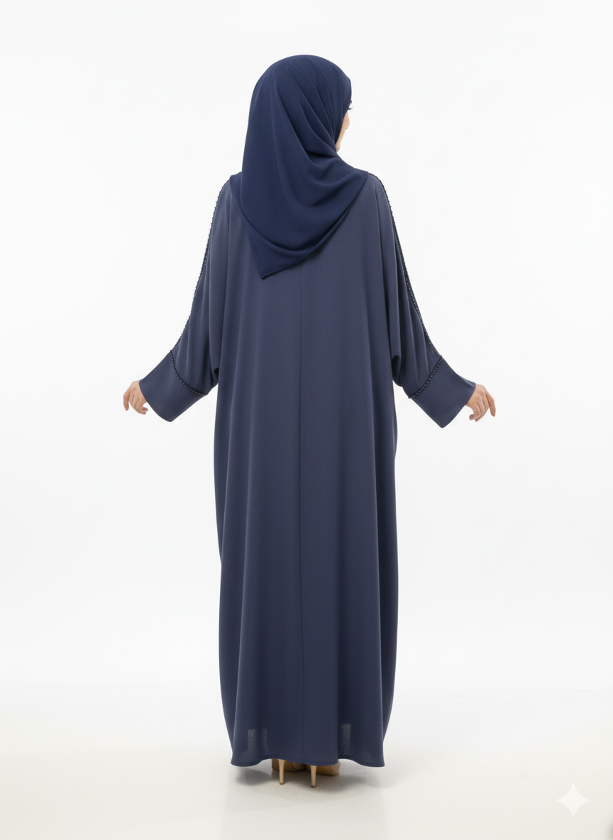 Midnight Navy Tailored Abaya | Rizqé Luxury Beaded Border Wrap with Classic Straight Sleeves