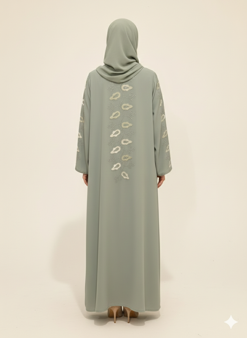 Glamoura X Sage Green Embroidered Abaya |Luxury Artisanal Motif Wrap with Tailored Straight Sleeves