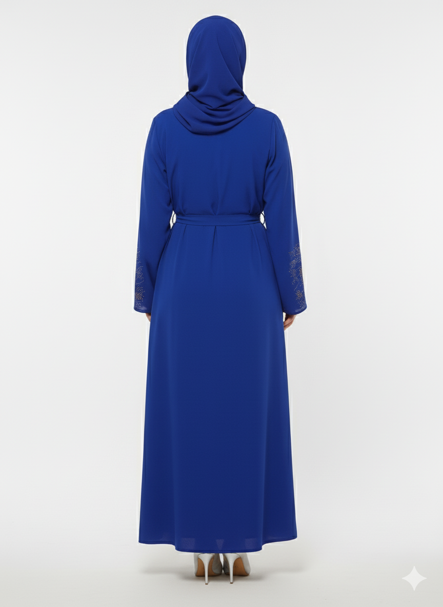 Glamoura X Blue Embellished Abaya | Gold Crystal Belted Modest Dress | Luxury Nida Fabric| Rizqé