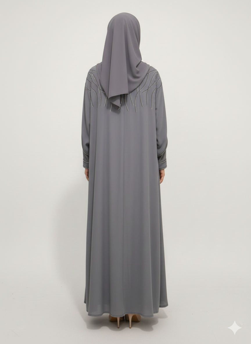Glamoura X Steel Grey Layered Farasha Abaya |Silver Vine Hand-Embellishment with Sheer Chiffon Double Sleeves