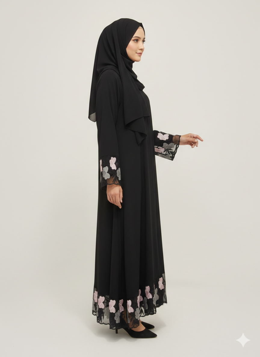Black Abaya with Floral Organza Net Embroidery | Glamoura X Luxury Blush Pink & Grey Petal Border