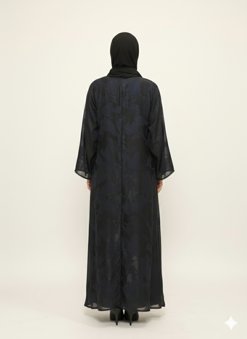 Navy & Charcoal Abstract Marble Abaya | GLAMOURA X Luxury Open-Front Wrap with Midnight Sapphire Tonal Prints