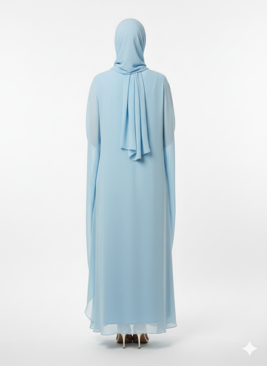 Glamoura X Sky Blue Kaftan Abaya | Embellished Butterfly Sleeve Modest Dress | Chiffon Luxury Fashion