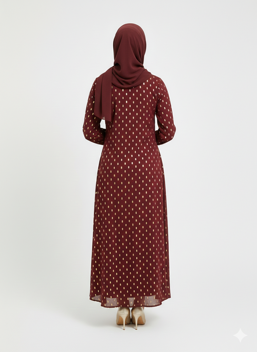 Glamoura X Crimson Gilded Foil Polka Dot Maroon Modest Abaya