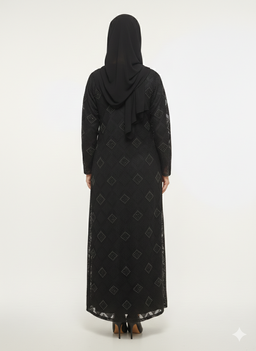 Glamoura X Midnight Dahlia Black Kimono-Style Embossed Abaya