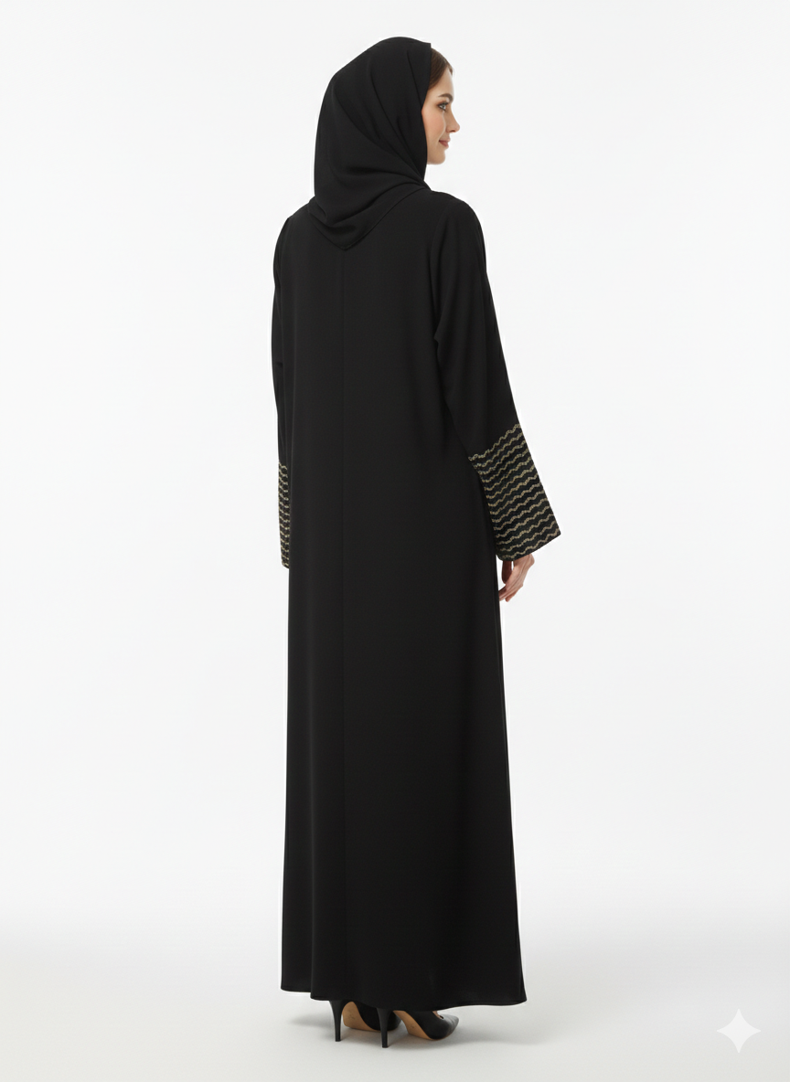 Glamoura X Gilded Wave Noir Black Abaya with Beige Zig-Zag Embroidery