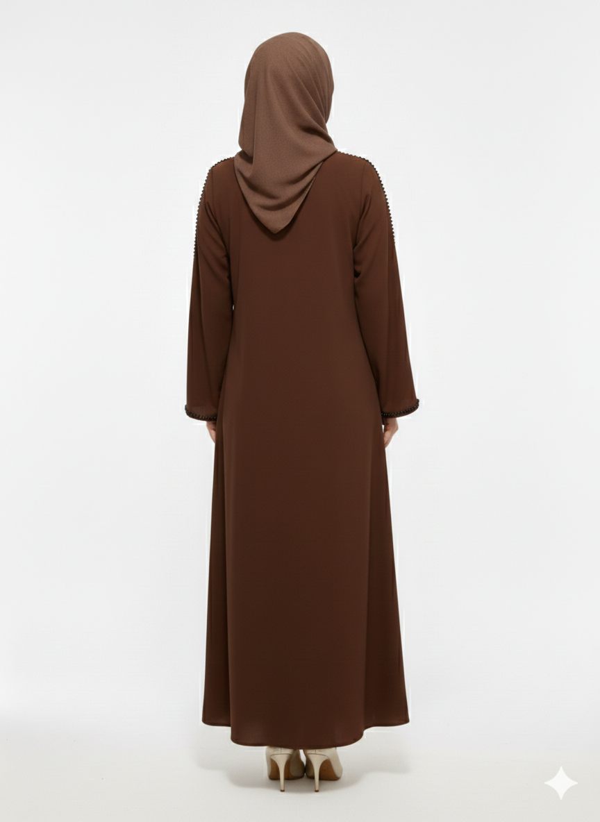 Glamoura X Mahogany Serenity Chocolate Brown Minimalist Modest Trim Abaya