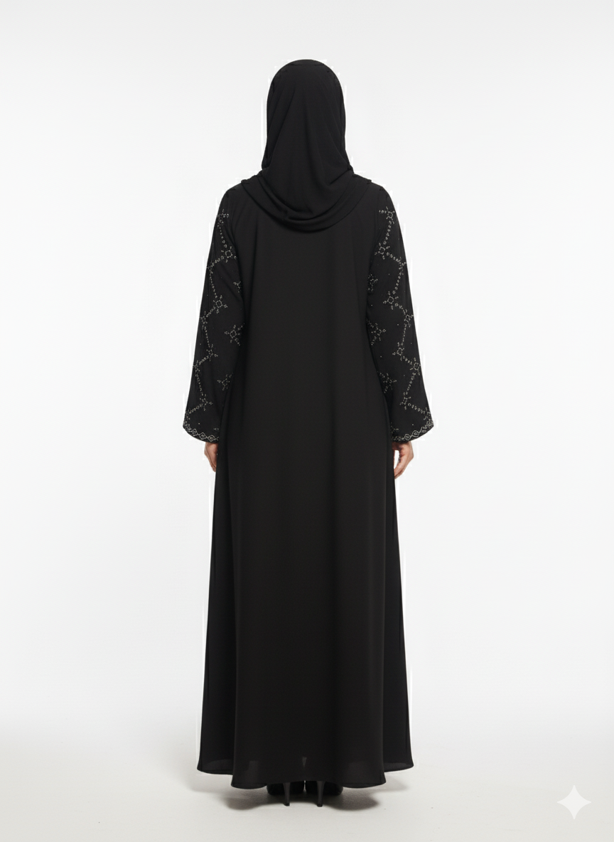 Black Abaya | Bold Crystal Geometric Silver Embellishment by Glamoura X