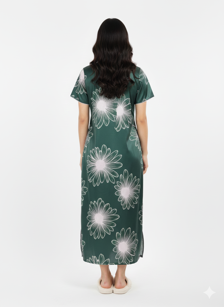 Forest Daisy Floral Print Nightgown |Italian Satin Feel Maxi Dress-Glamoura X