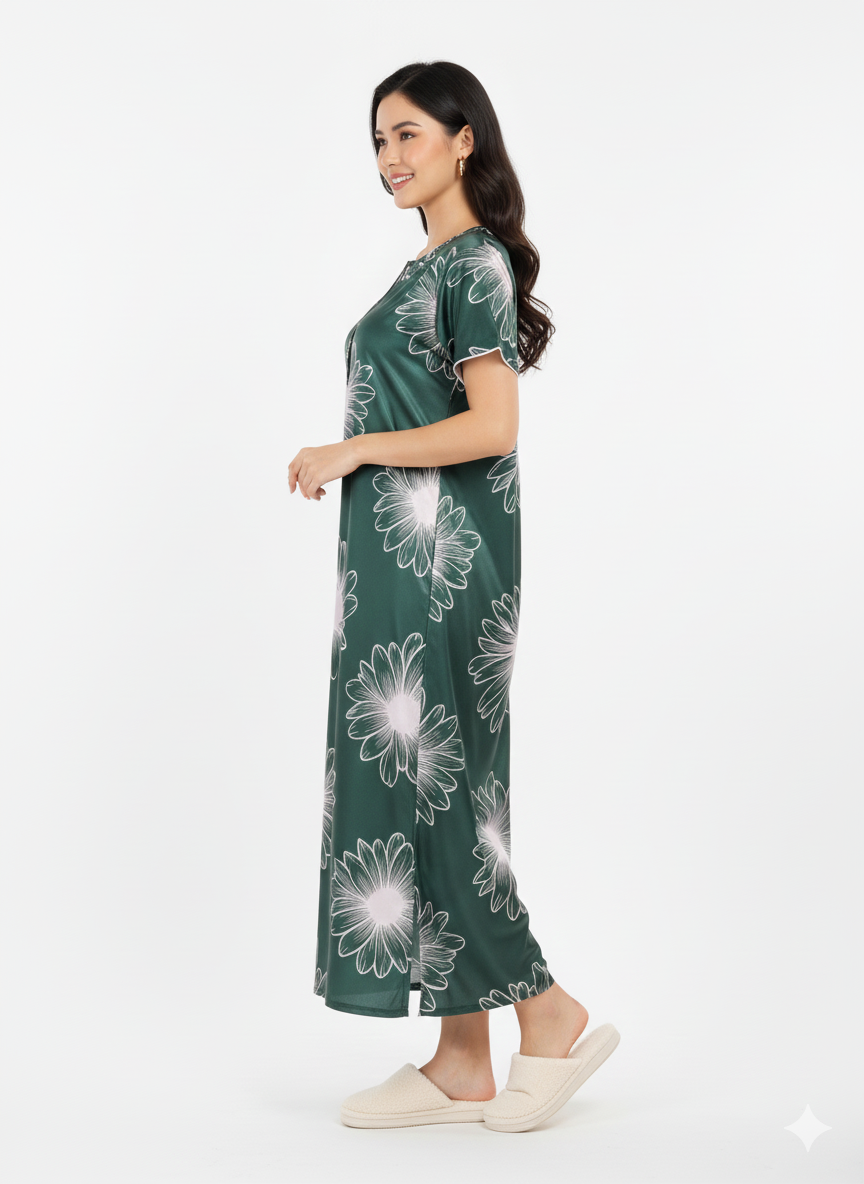 Forest Daisy Floral Print Nightgown |Italian Satin Feel Maxi Dress