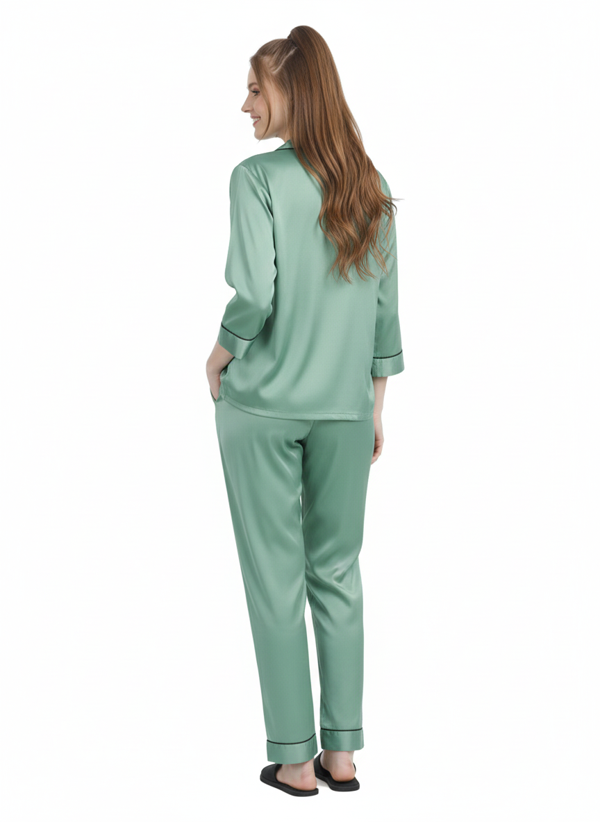 Mint Mist Satin Nightsuit | Premium Sage Green Pyjama Set ā Glamoura X