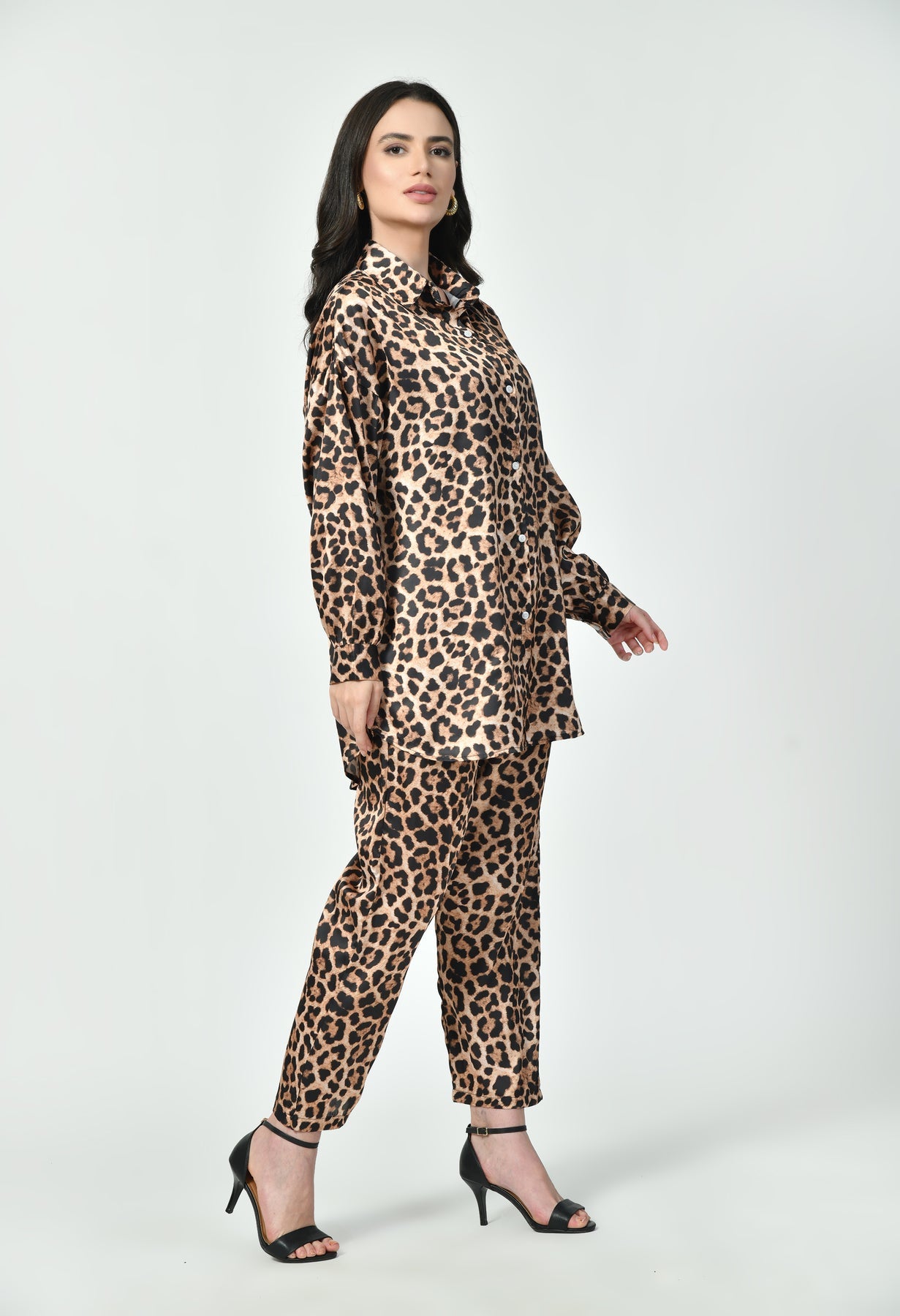 Glamoura X Leopard Print Japanese Satin Co-ord Set | Modest Luxury Wear UAE
