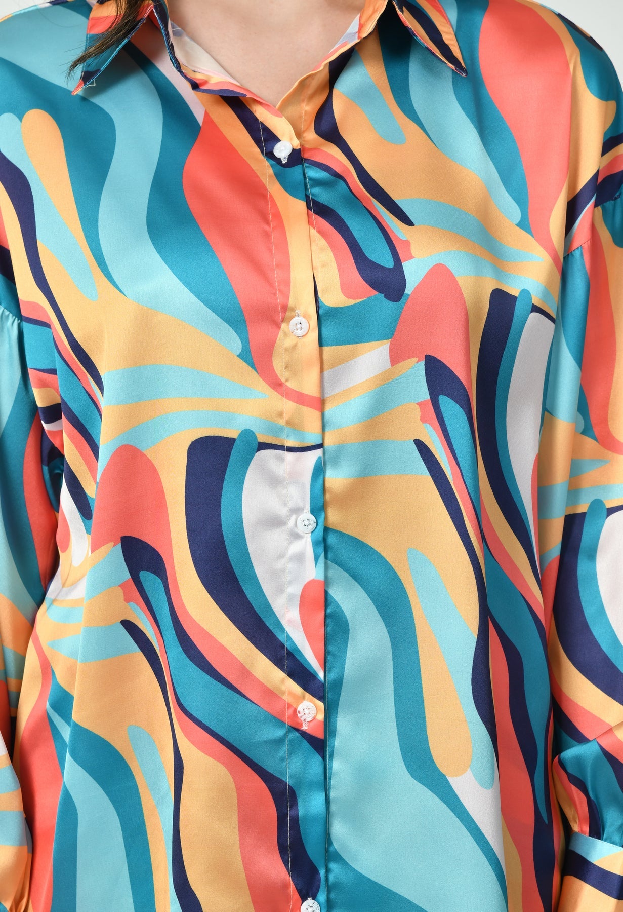 GlamouraX Modest Co-Ord Set – Multicolor Abstract Wave | Japanese Satin