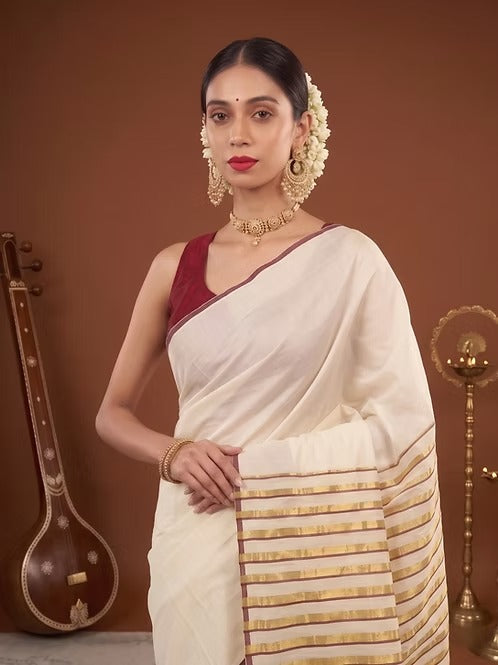 Maroon Golden Stripe Kasavu Cotton Saree