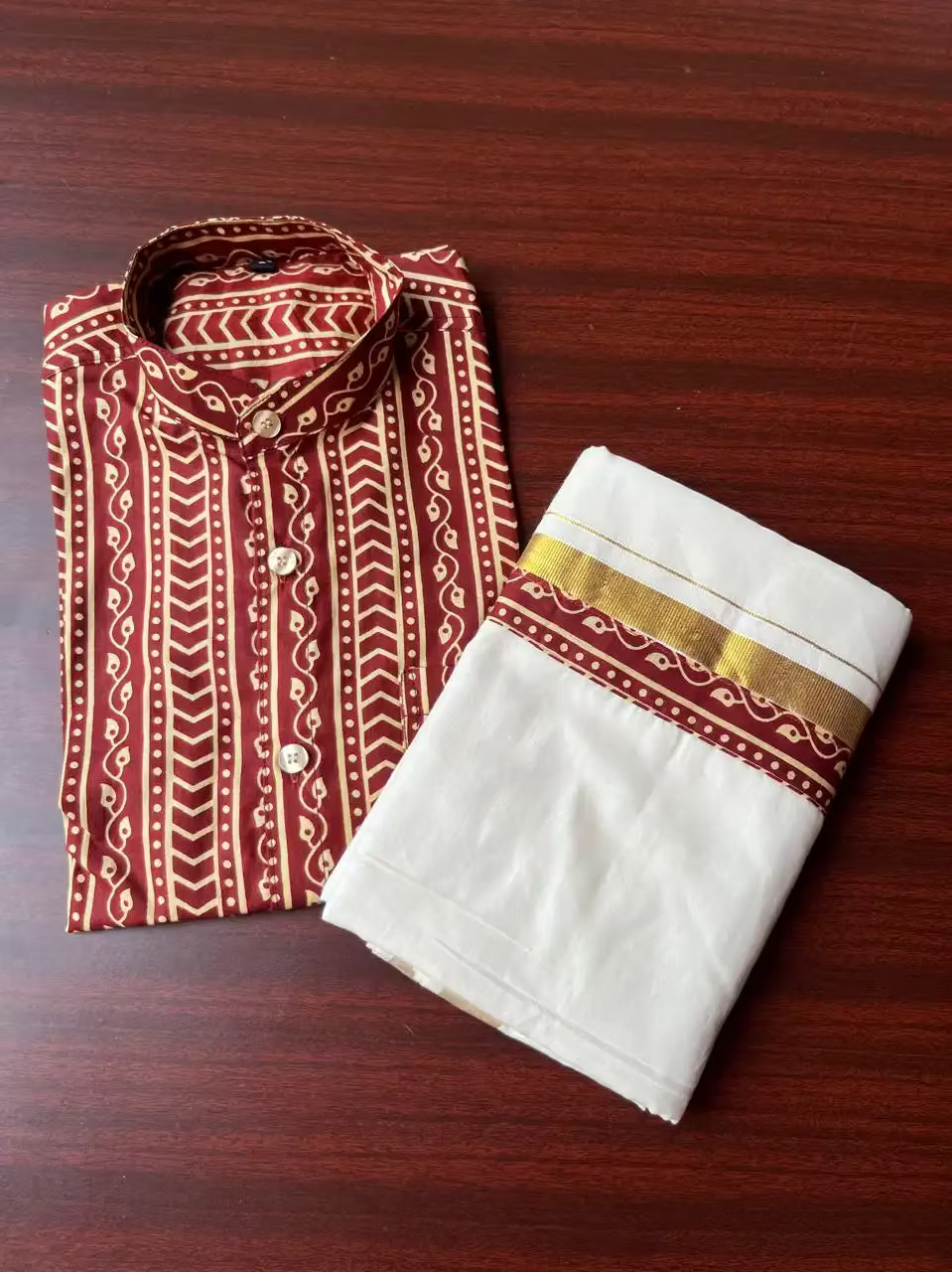 Ancient Brick Ajrak Shirt with Mandarin Collar & Kasavu Double Mundu Dhoti