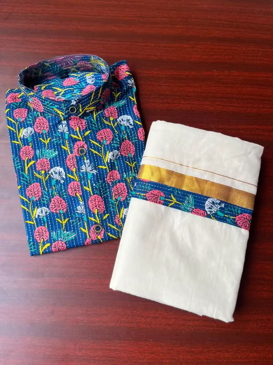 Mens Ajrakh Shirt with Mandarin Collar& Kasavu Double Mundu Dhoti