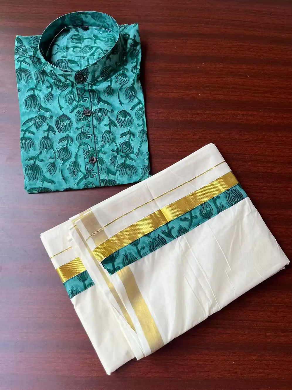 Tiffany Blue Lotus Ajrak Kasavu Mundu and Shirt Combo Set