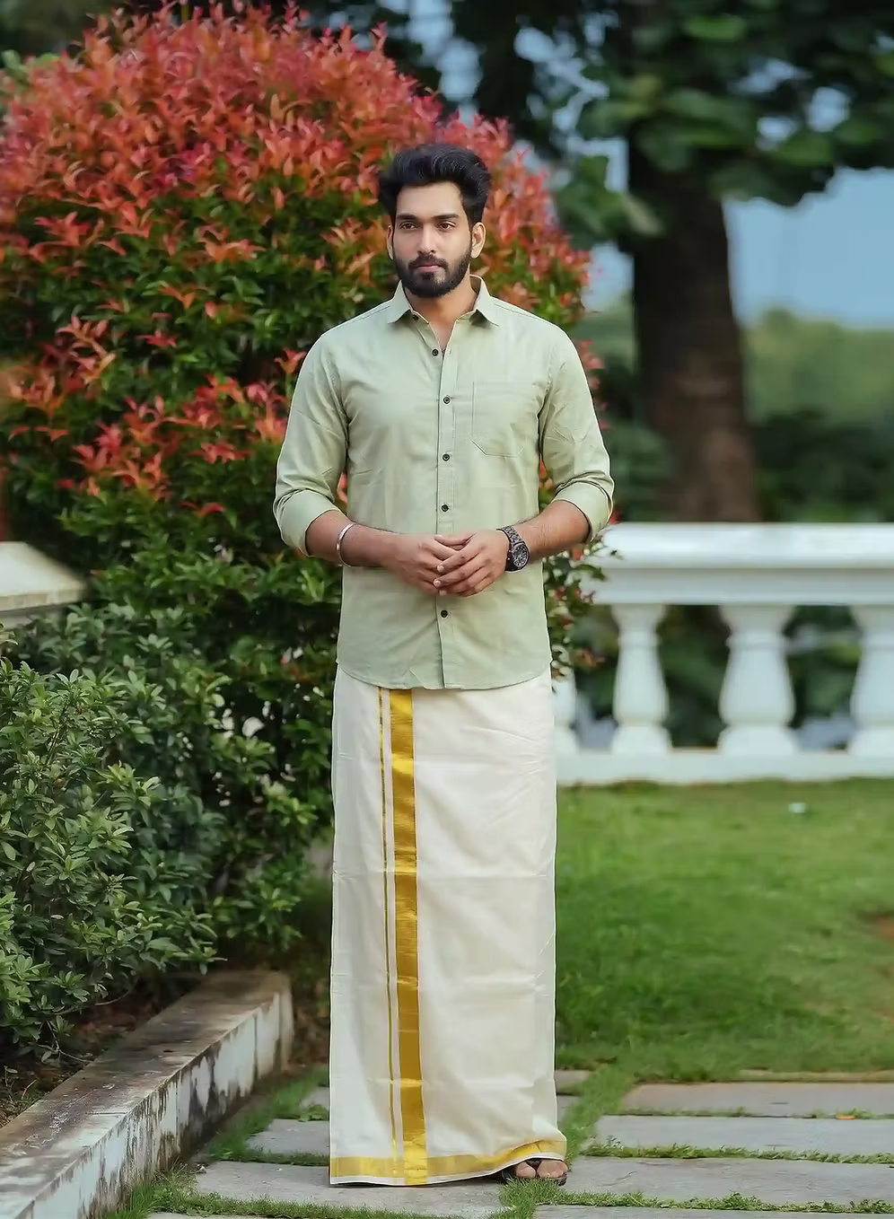 Sage Green Shirt and Kasavu Mundu Dhoti Combo Set