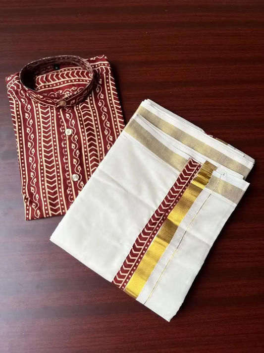 Ancient Brick Ajrak Shirt with Mandarin Collar & Kasavu Double Mundu Dhoti