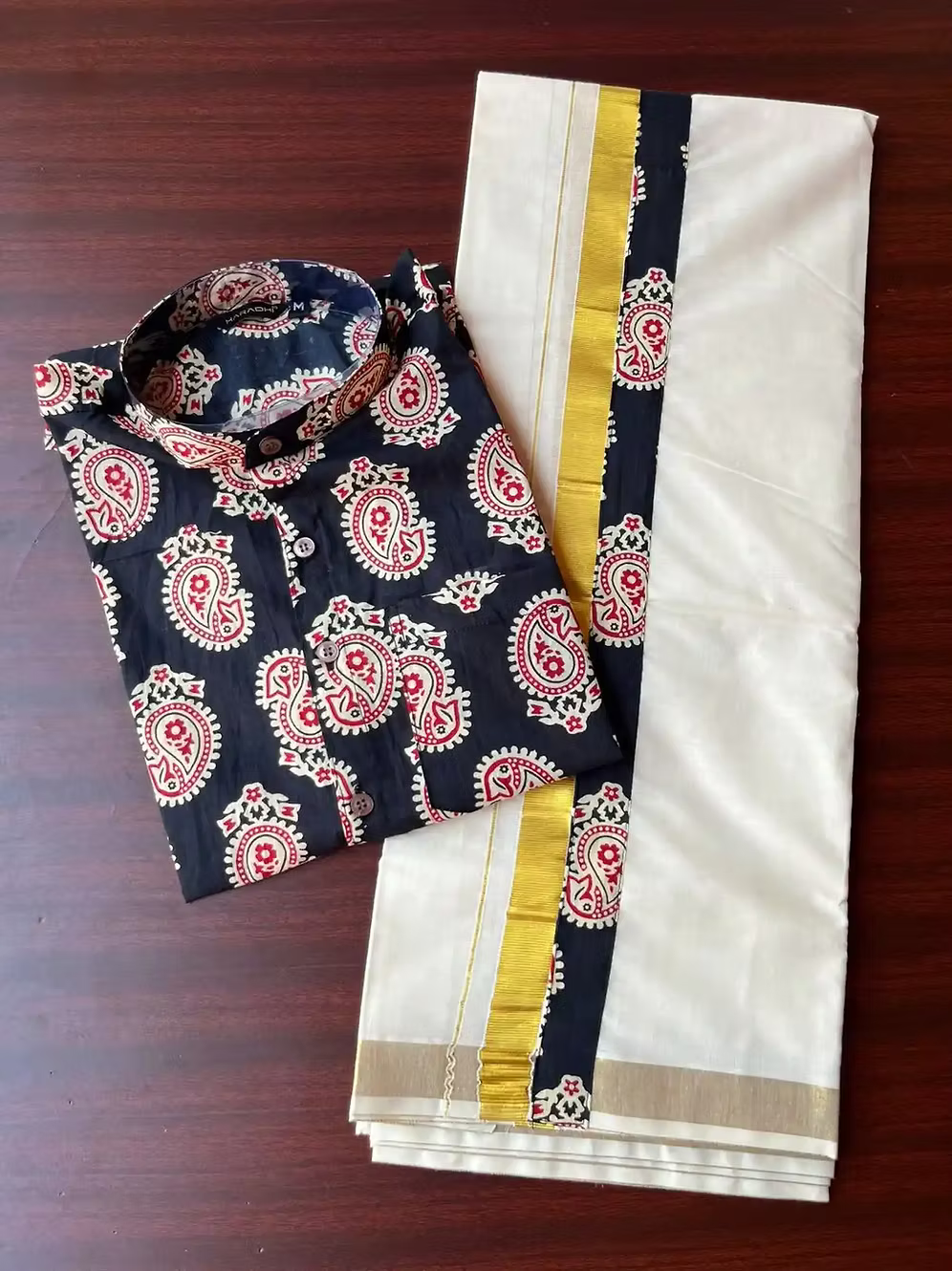Black Mango Ajrakh Shirt and Kasavu Mundu Dhoti Combo Set