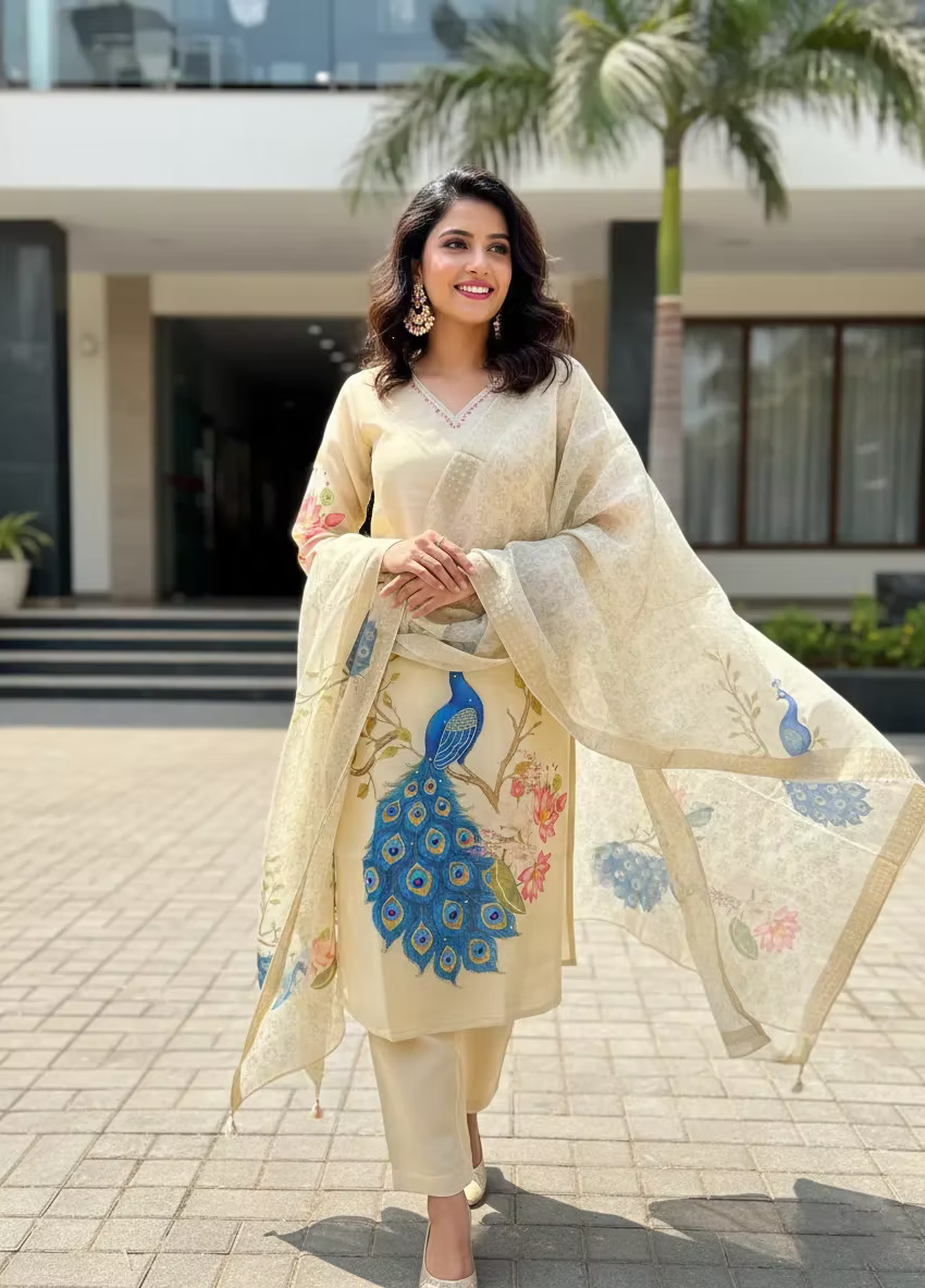 Peacock Beads Work Tissue Kurta Set with Dupatta & Pant