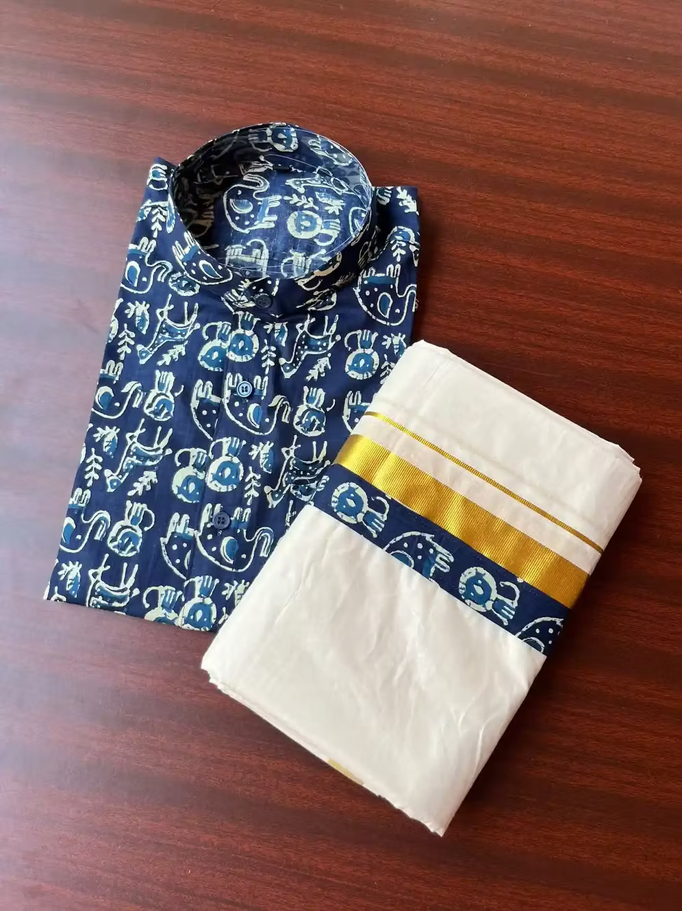 Tiere Navy Blue Ajrak Kasavu Mundu and Shirt Combo
