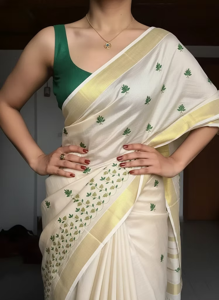 Green Grape Embroidery Kerala Tissue Saree
