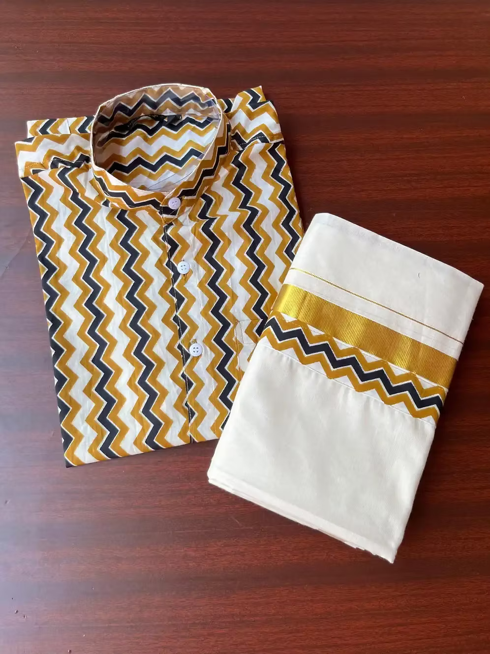 Mens Zigzag Ajrak Shirt and Kasavu Mundu Combo Set