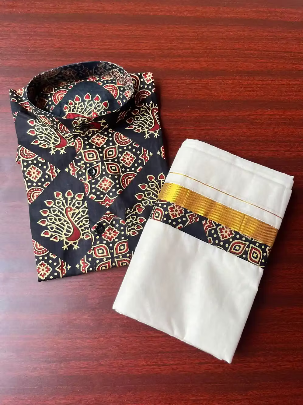 Mens Black Mayura Ajrakh Shirt with Kasavu Double Mundu Dhoti Combo