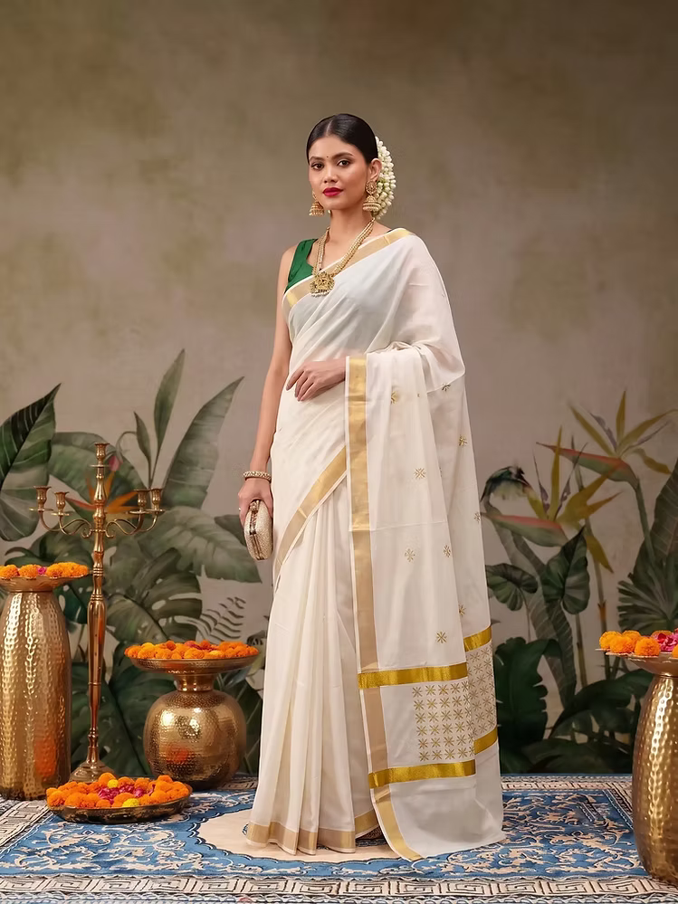 Golden Diamond Jaal Embroidery Cotton Kasavu Saree with Blouse