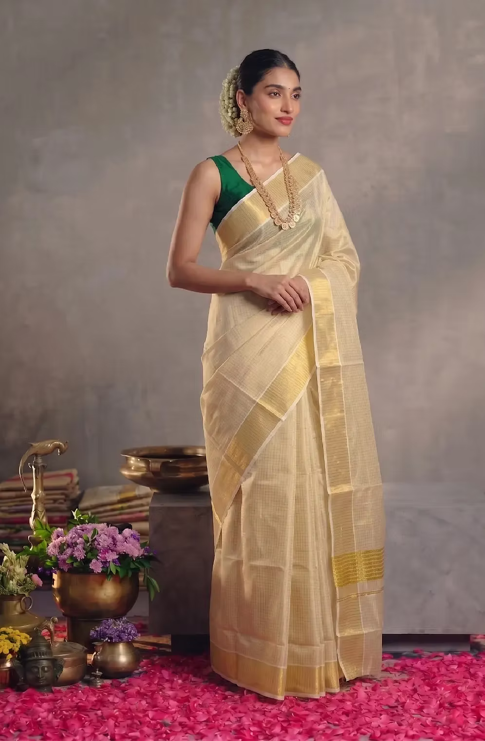 Kerala Kasavu Tissue Saree with Micro-Check Pattern & Golden Border