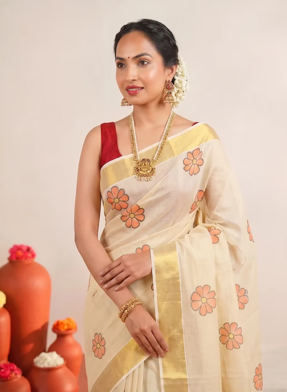 Floral Tissue Kerala Kasavu Saree with Blouse