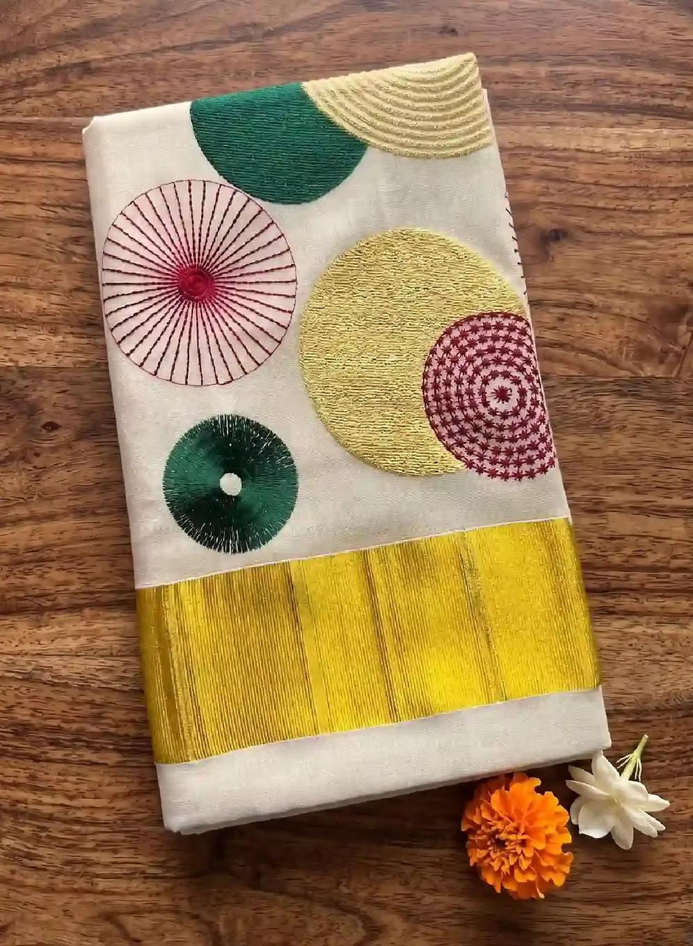 Multi Chakra Embroidery Tissue Kerala Kasavu Saree with Blouse