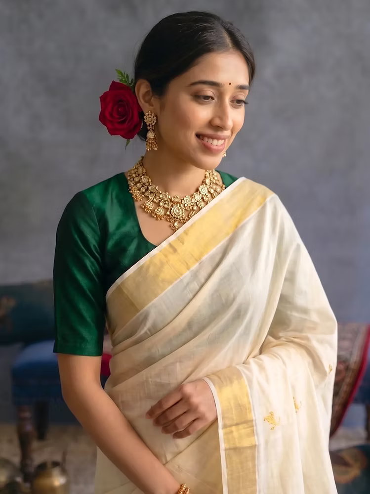Traditional Golden Floral Embroidery Cotton Kerala Kasavu Saree