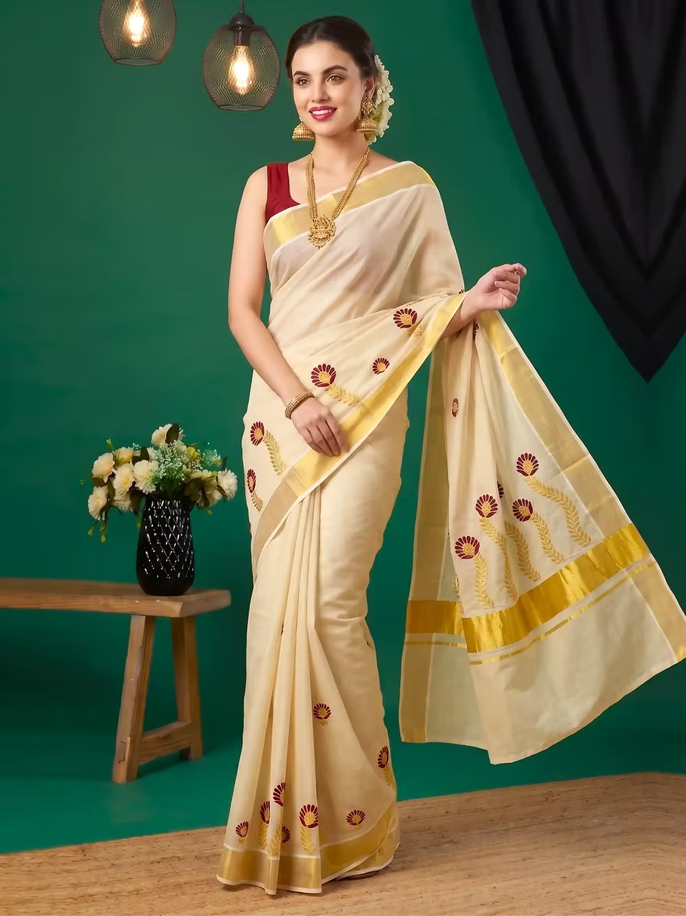 Maroon Floral Embroidery Tissue Kerala Kasavu Saree