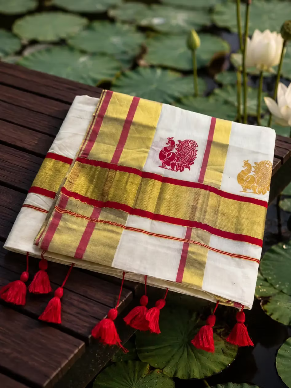 Premium Cotton Kasavu Saree with Red & Gold Peacock Motifs