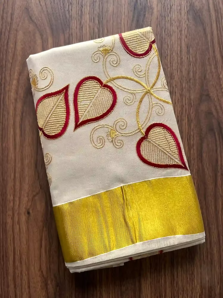 Creeper Maroon Embroidery Kasavu Tissue Saree with Running Blouse