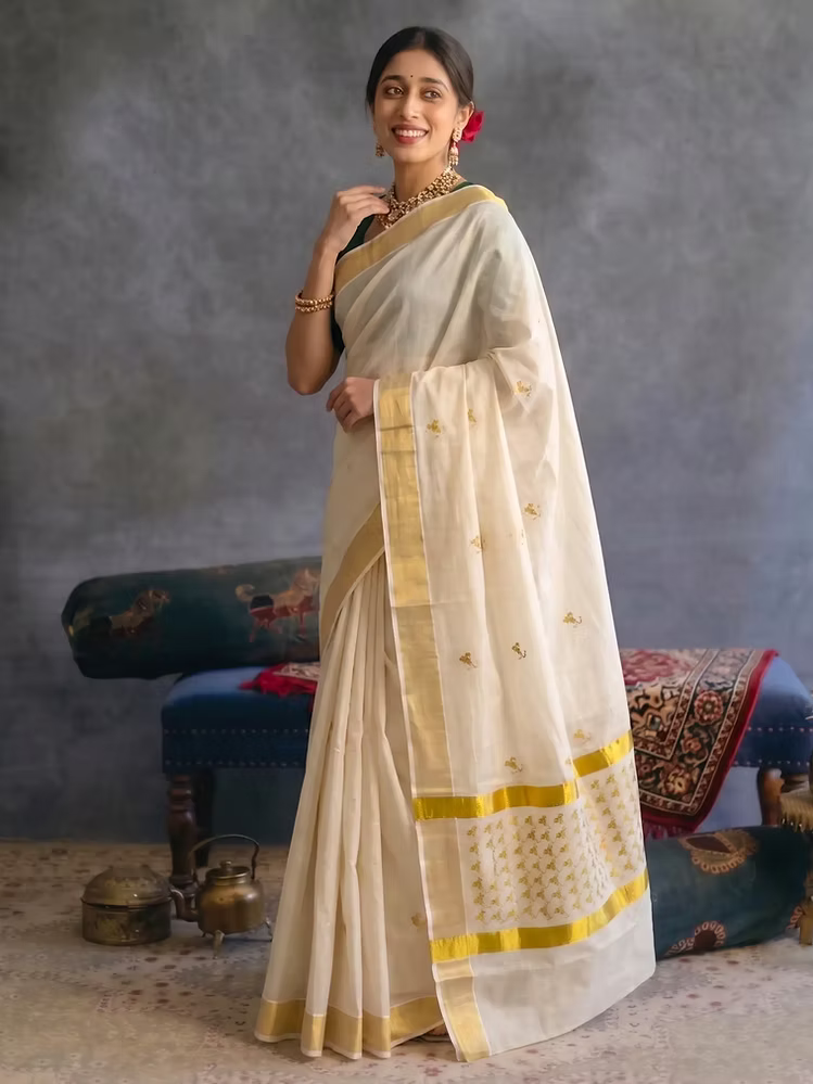Traditional Golden Floral Embroidery Cotton Kerala Kasavu Saree