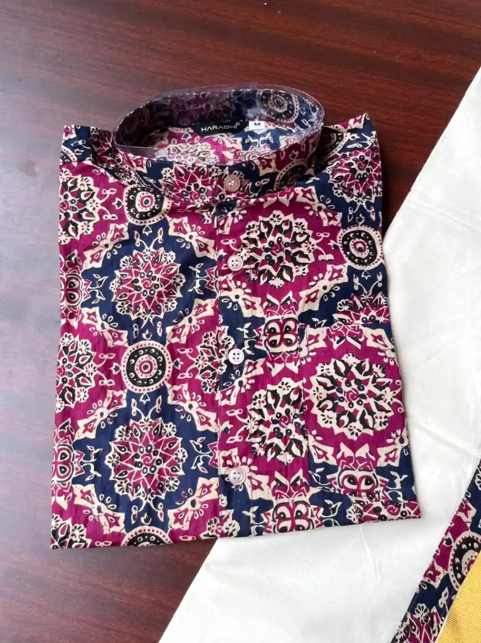 Multi Color Motif Ajrakh Cotton Shirt with Dhoti Set-Kasavu Mundu