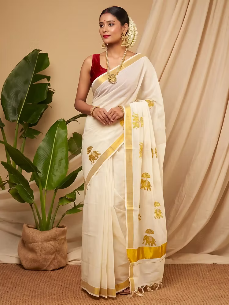 Golden Gajah Embroidery Cotton Kerala Kasavu Saree
