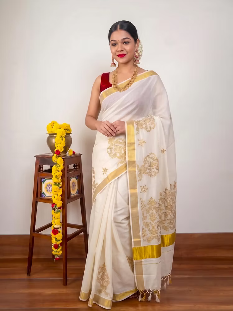 Golden Floral Embroidery Tussel Cotton Kasavu Saree