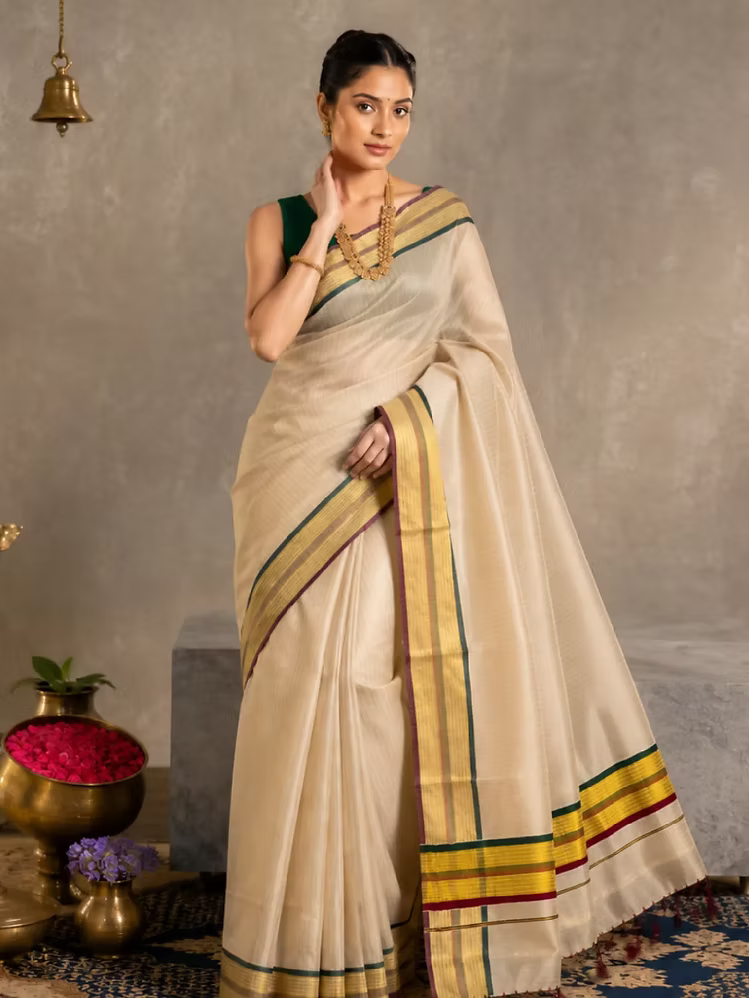 Stripe Kasavu Tissue Saree with Maroon and Green Border & Tussels