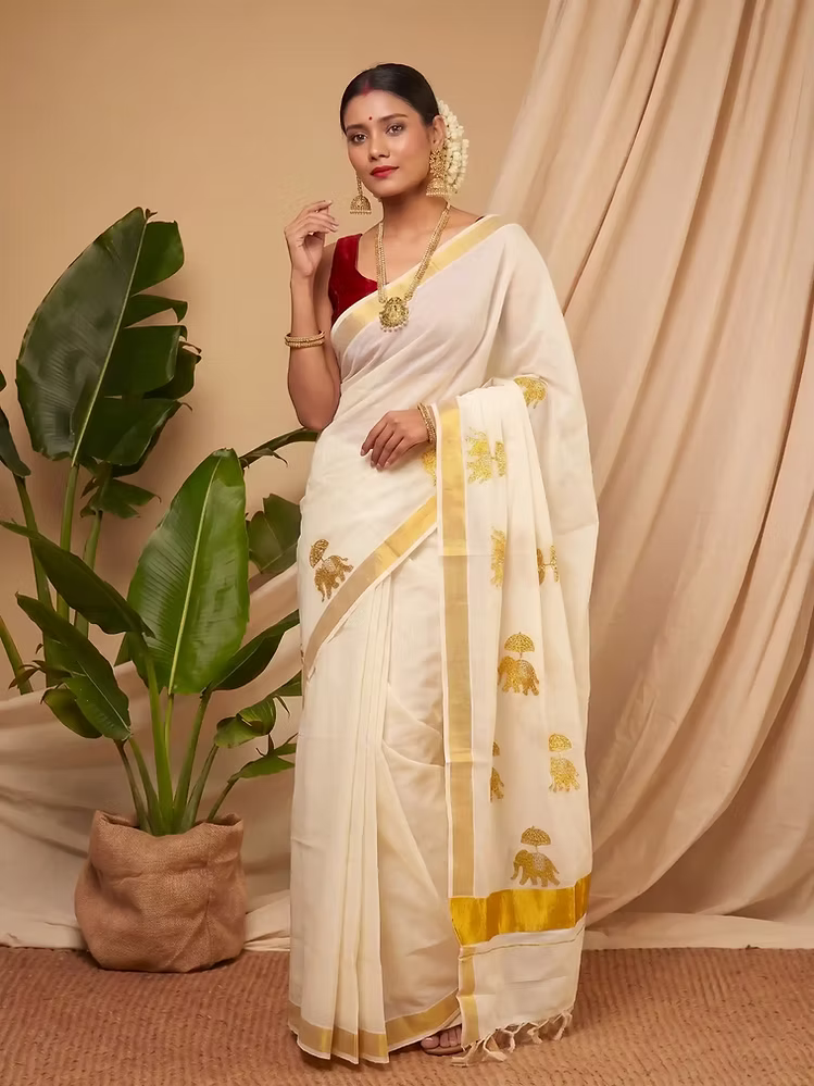 Golden Gajah Embroidery Cotton Kerala Kasavu Saree