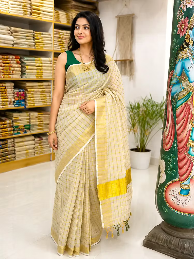 Pea Green Block Kasavu Tissue Saree with Tassels & Running Blouse