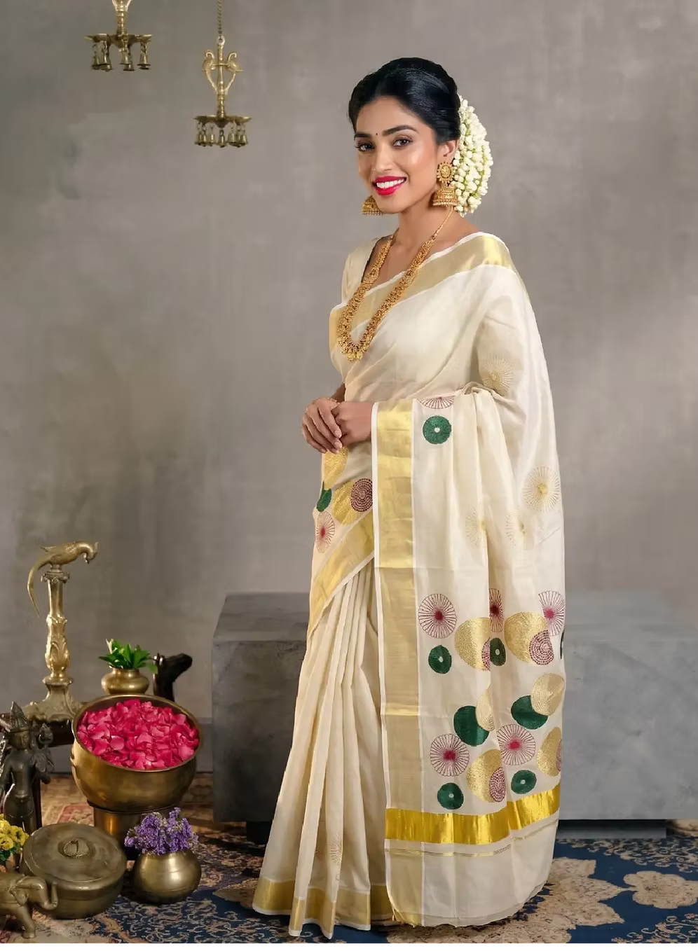 Multi Chakra Embroidery Tissue Kerala Kasavu Saree with Blouse
