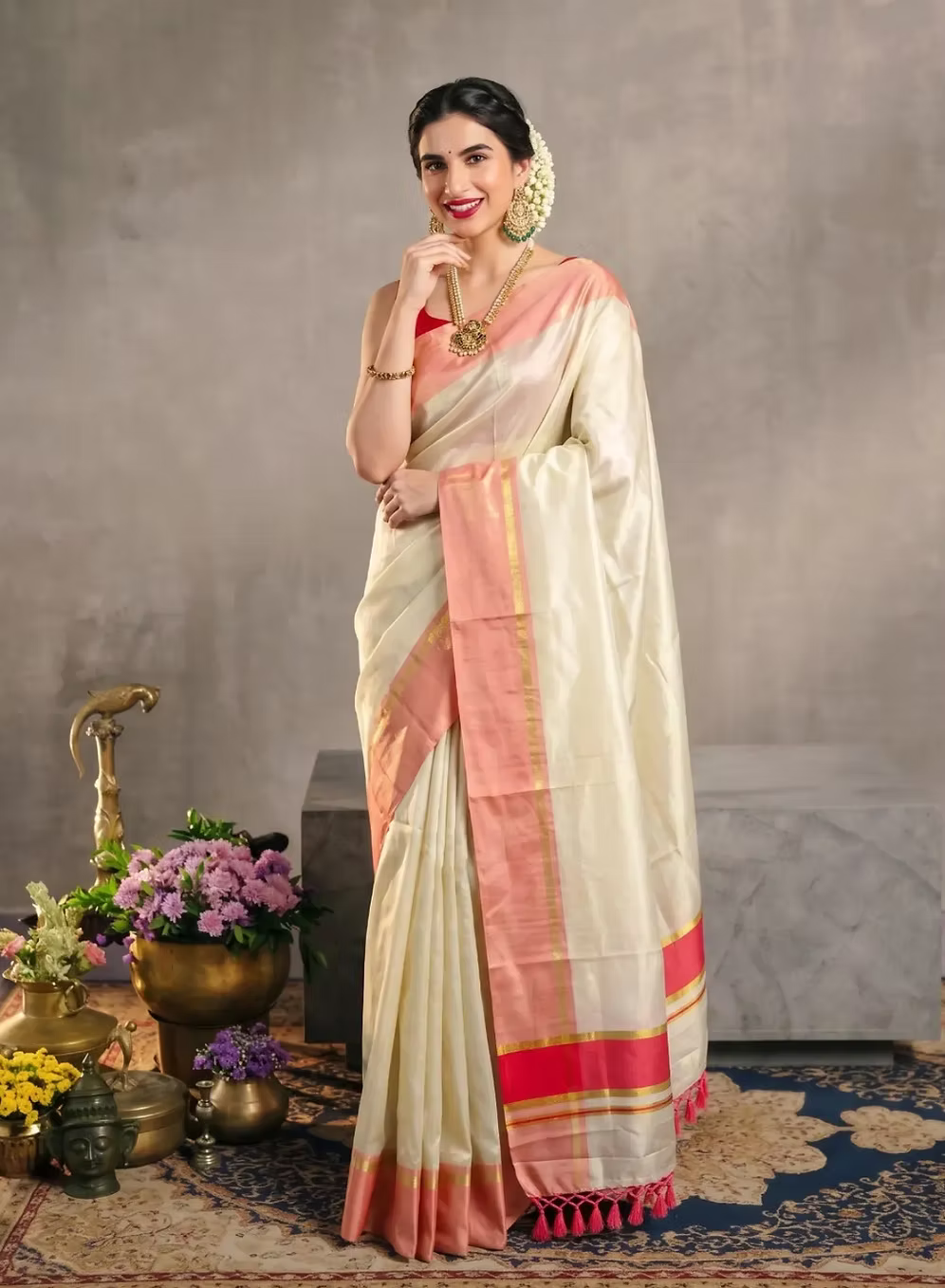 Guava Pink Tassel Tissue Kerala Kasavu Saree with Running Blouse