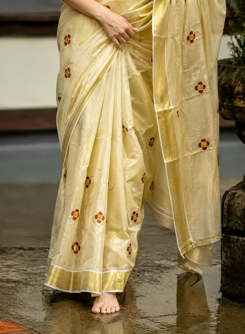 Maroon Floral Embroidered Tissue Kuthampully Kasavu Saree