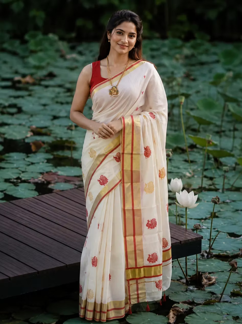 Premium Cotton Kasavu Saree with Red & Gold Peacock Motifs
